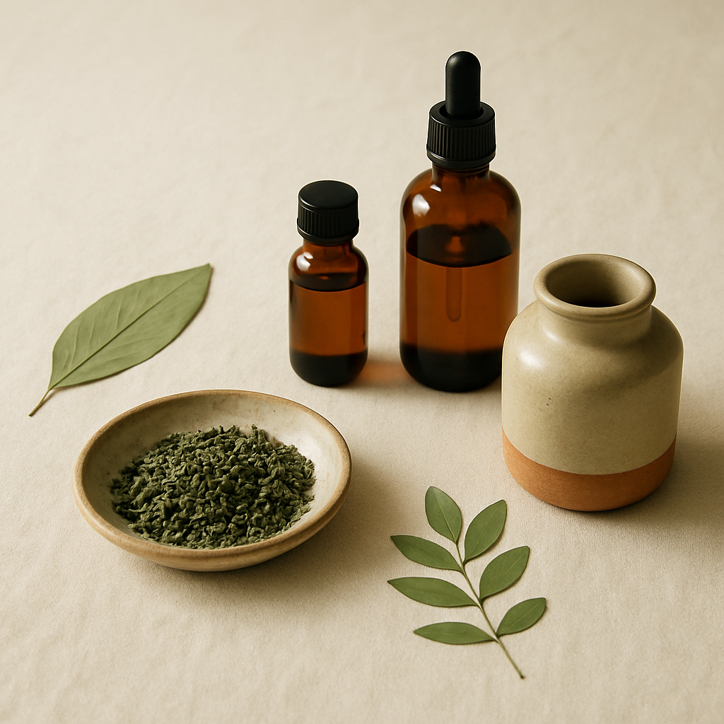 Apothecary still life with botanical wellness products